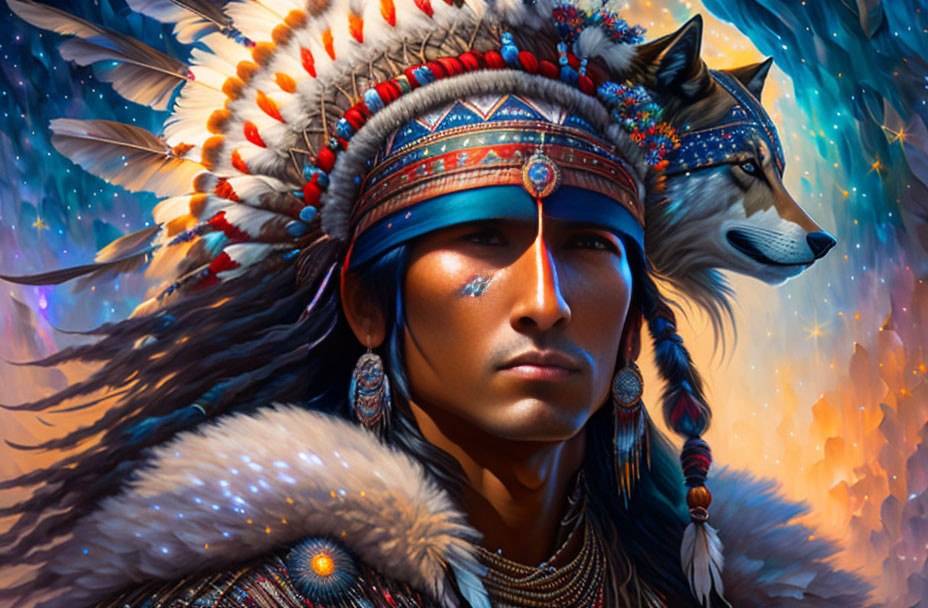 Native American man with headdress and wolf in digital art portrait