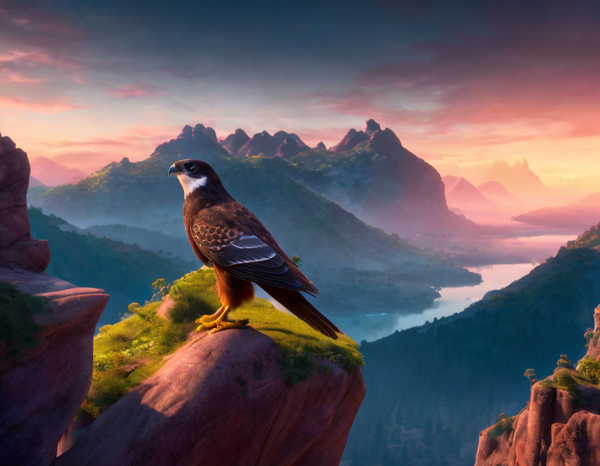 Falcon perched on cliff by serene lake at sunrise