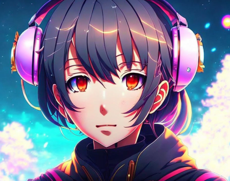 Anime Character with Glowing Orange Eyes in Purple Headphones on Colorful Starry Background