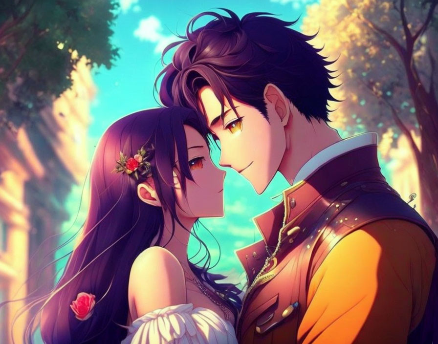 Anime characters in romantic gaze with male in military outfit and female adorned with flowers, set in warm sunlight