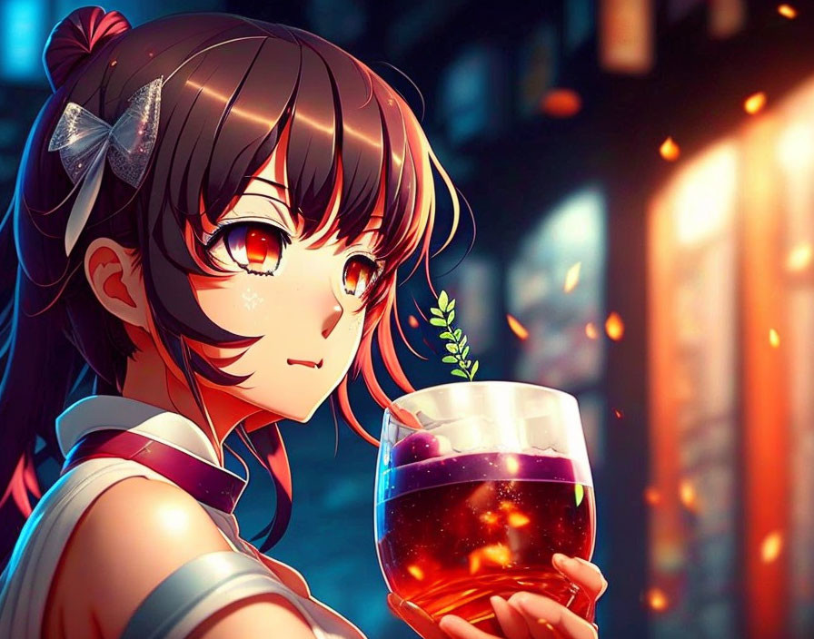 Brown-haired anime girl with bow holding galaxy drink in bokeh lights