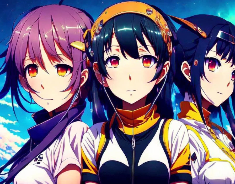 Vibrant-eyed anime girls under starry night sky in pink, yellow goggles, and blue.