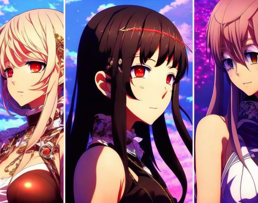 Three animated female characters with distinct hairstyles and eyes against vibrant sky gradient.