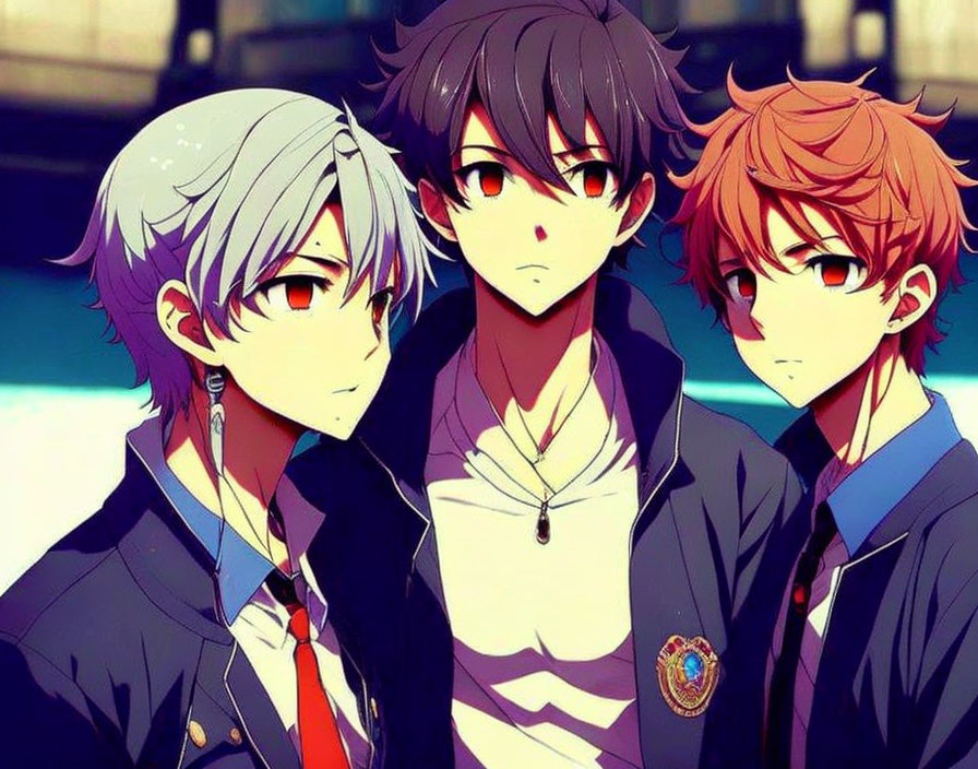 Three Anime Male Characters in Purple, Black, and Orange Hair Standing Together in School Uniforms