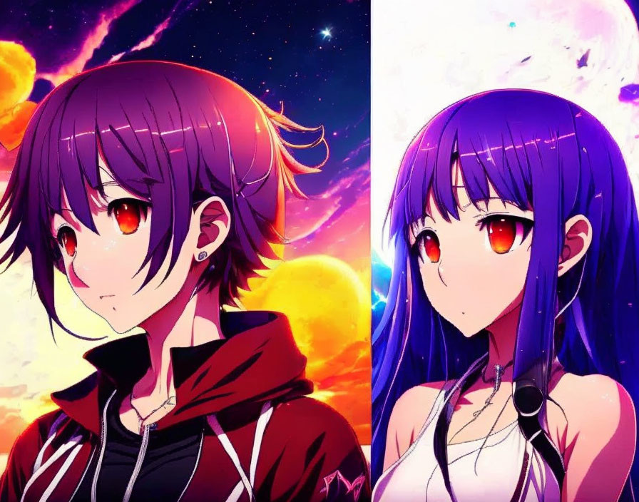 Anime girls with purple hair and red eyes in split-screen against cosmic background