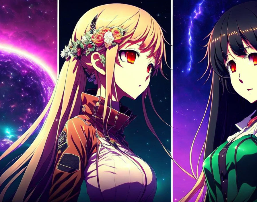 Enigmatic red-eyed anime characters with unique hair in cosmic setting