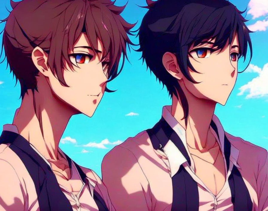 Two anime characters with dark hair stand under a blue sky