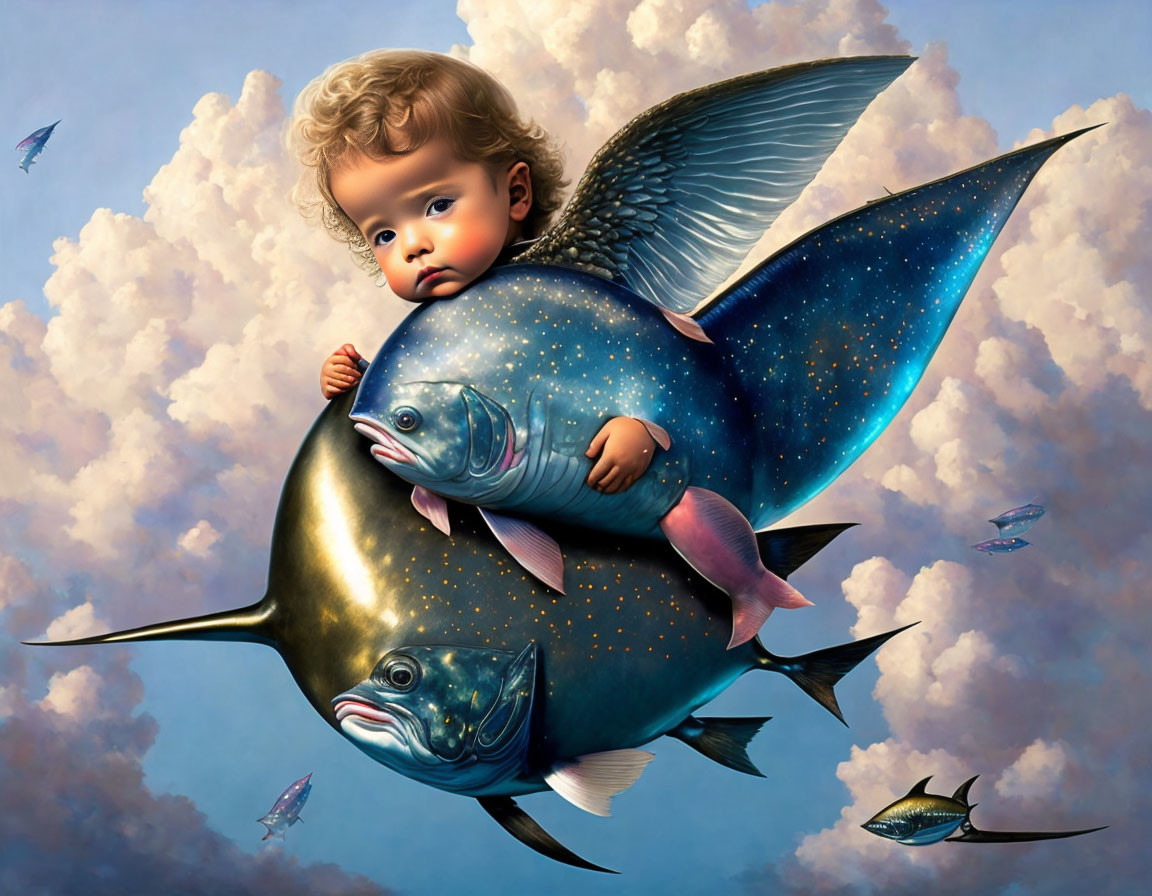 Child with angel wings riding cosmic fish in the sky with clouds and smaller fish