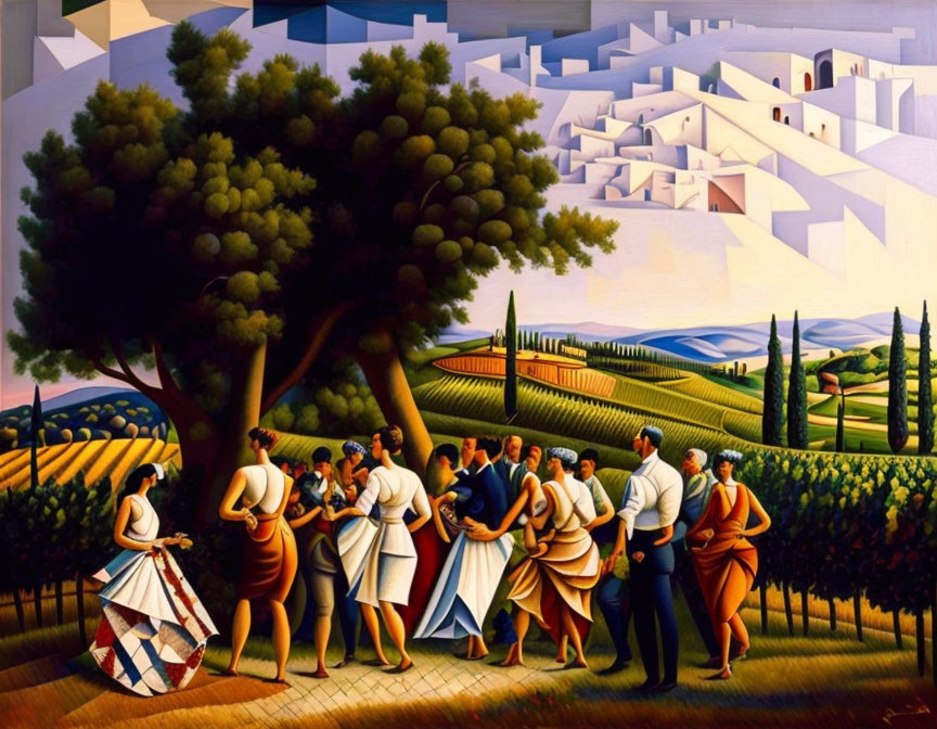 Stylized painting of people dancing around a tree with hills and buildings