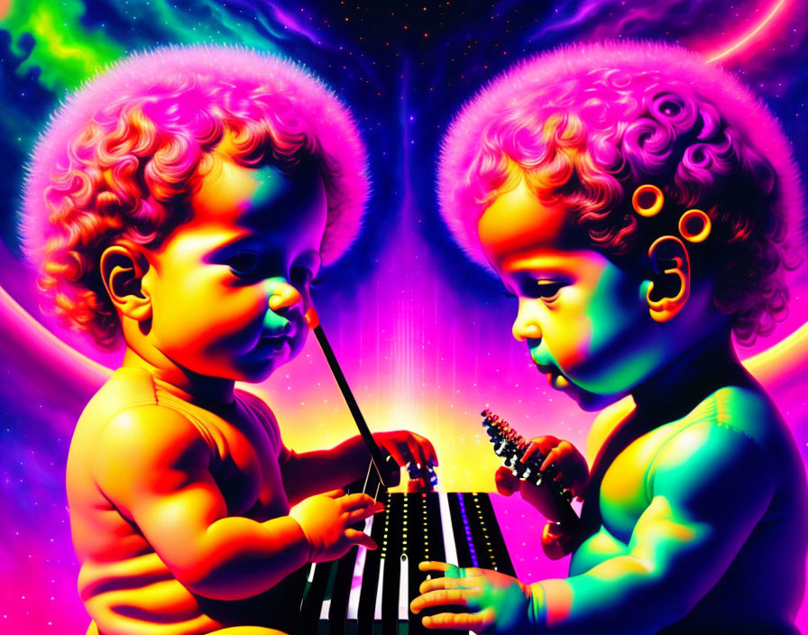 Stylized glowing babies play piano in cosmic background