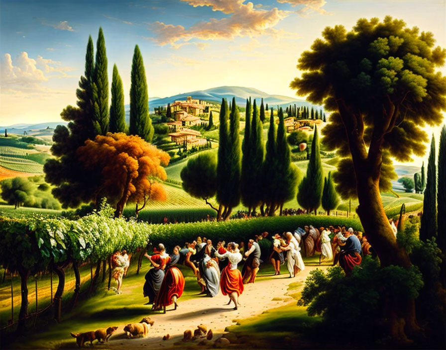 Classical pastoral painting with dancing figures in scenic landscape