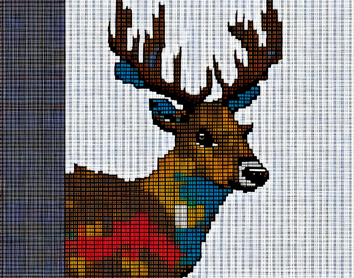 Multicolored pixelated deer with large antlers on blue backdrop