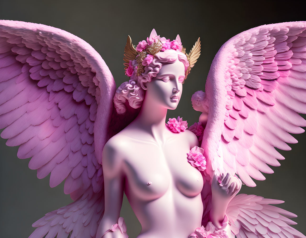 Pink-winged angel statue with floral crown on serene gradient background