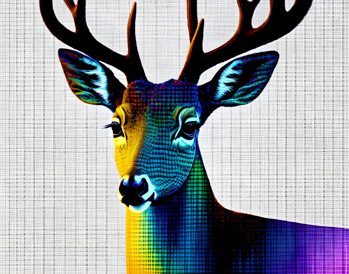 Vibrant rainbow deer with geometric patterns on dotted background