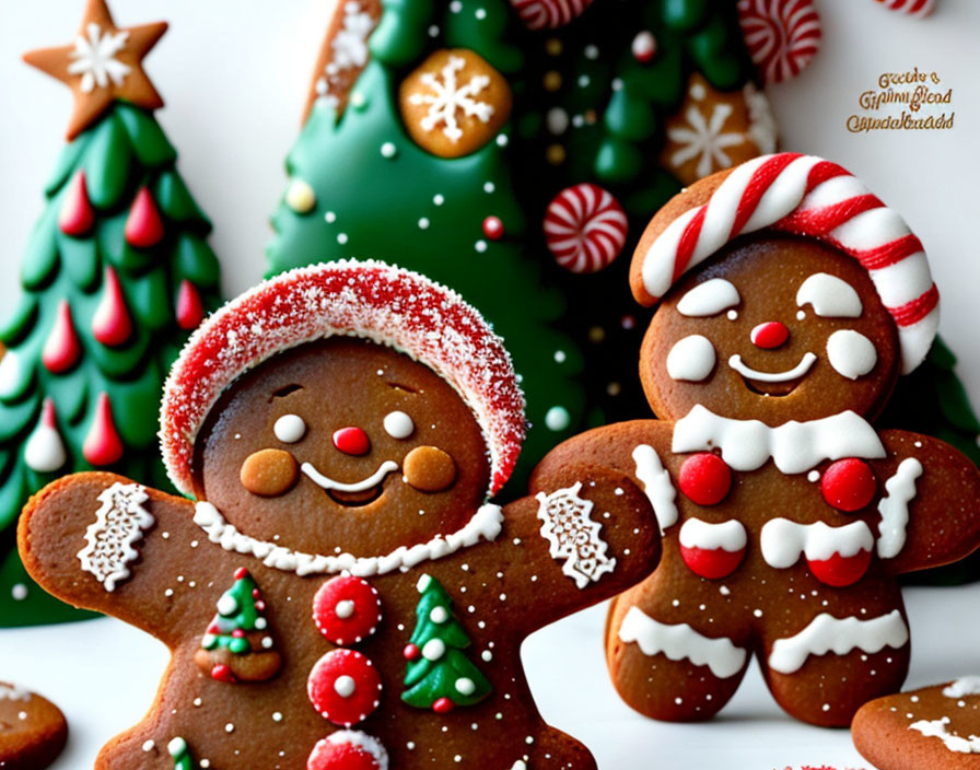 Smiling Character Gingerbread Cookies with Candy Cane and Christmas Tree Decorations