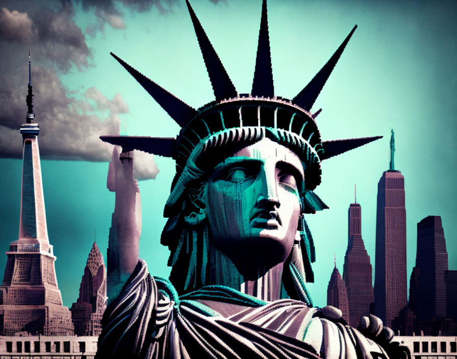 Statue of Liberty with New York City skyline in a clear sky