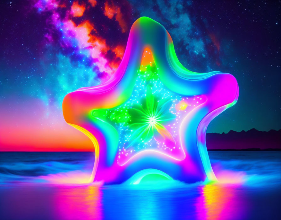 Colorful neon-lit star shape against sunset sky and water.