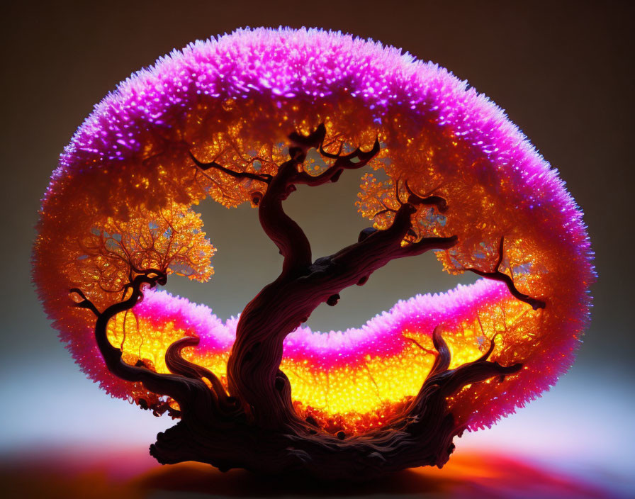 Colorful 3D fractal tree with purple and orange foliage on moody background