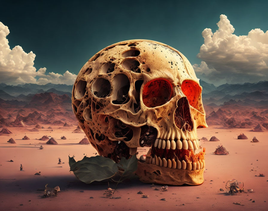 Surreal desert landscape with large skull and red cavities