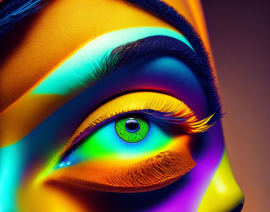 Vibrant rainbow-colored makeup on a close-up eye.