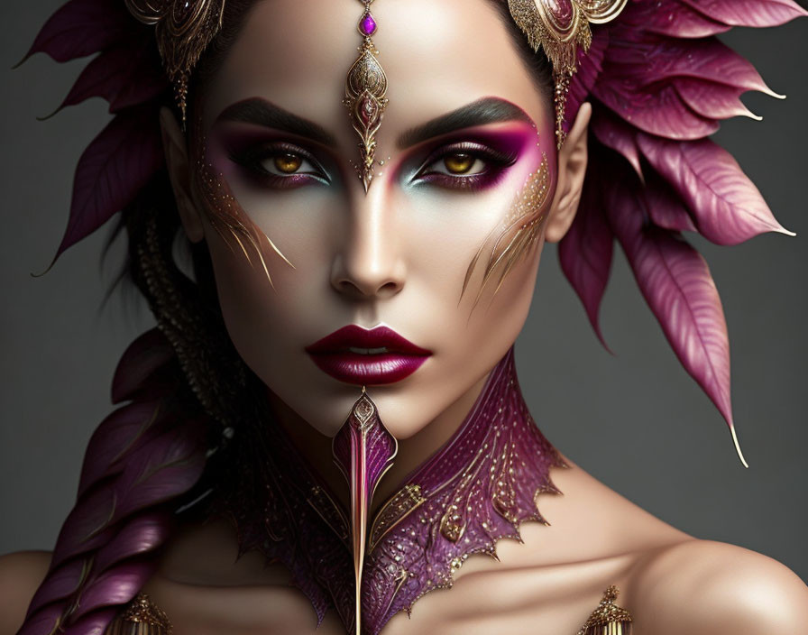 Woman with dramatic makeup and purple leaf-like adornments.