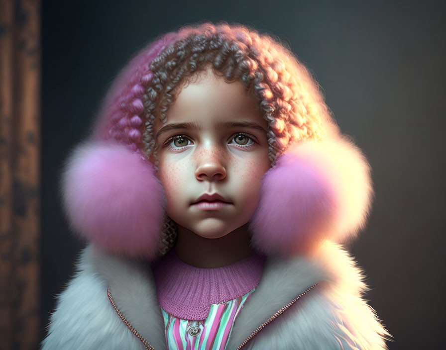 Curly-Haired Girl in Pink Earmuff and Warm Coat Contemplates Ahead