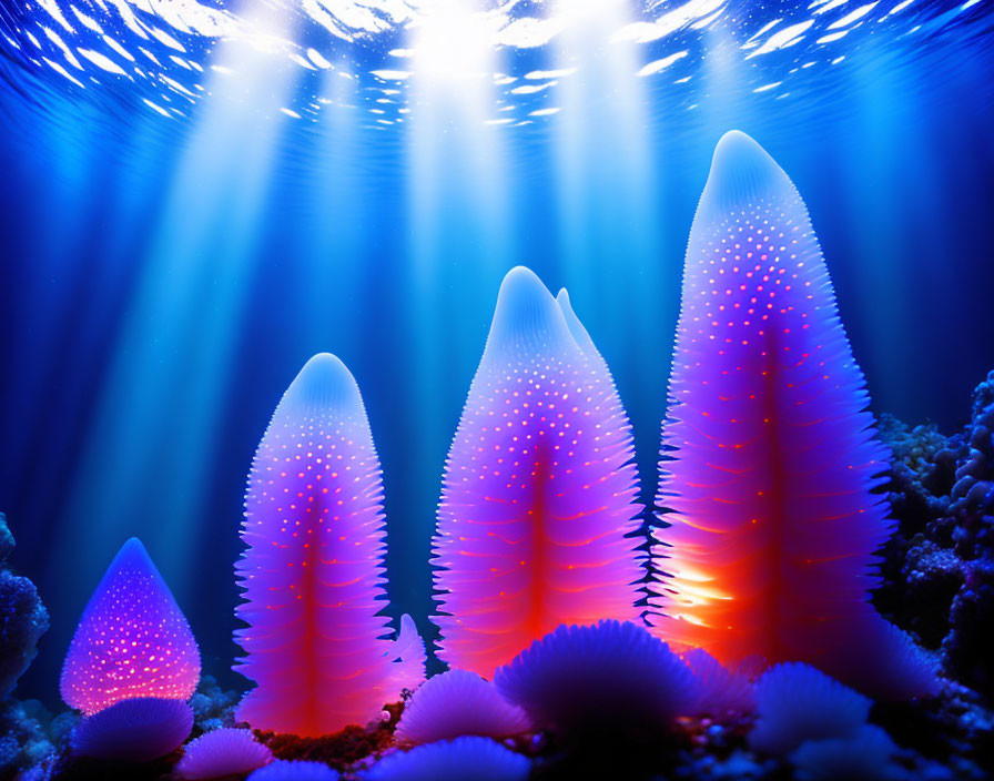 Neon-glowing coral structures in vibrant underwater scene