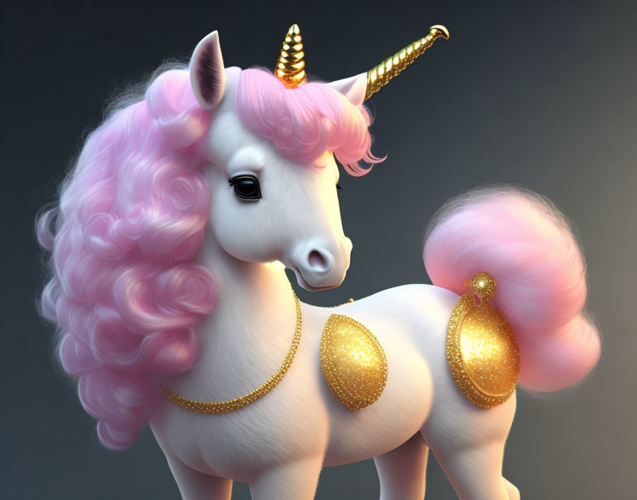 Colorful 3D unicorn illustration with golden horn and pink mane