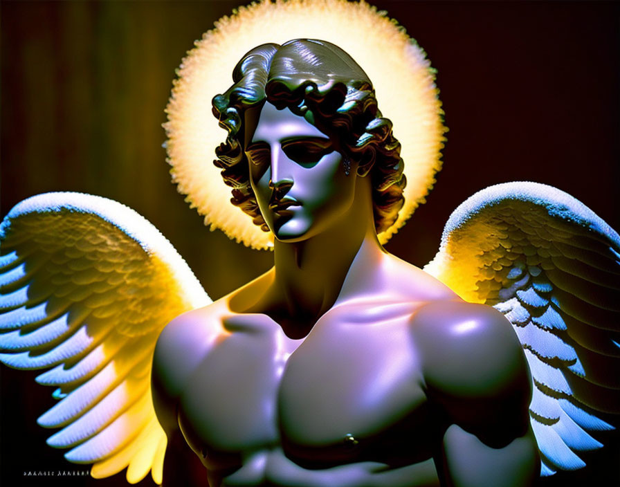 Majestic male figure with angelic wings and glowing halo on dark background