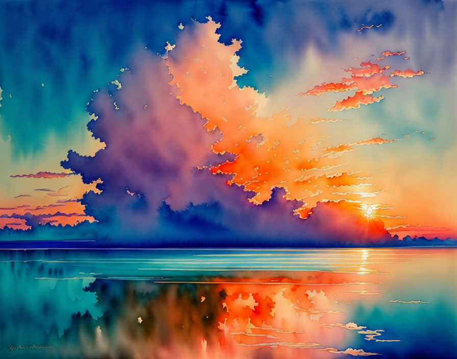 Colorful Watercolor Painting: Sunset with Orange and Blue Clouds