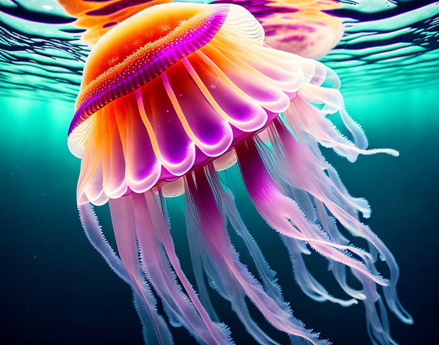 Colorful Jellyfish with Long Tentacles Glowing Underwater