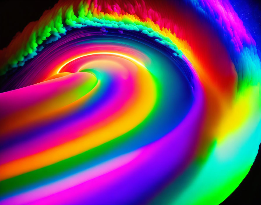 Hypnotic neon swirl of vibrant rainbow colors on black background