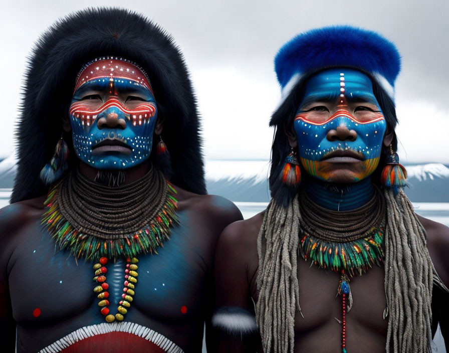 Traditional face paint and headwear worn by two individuals against mountain backdrop