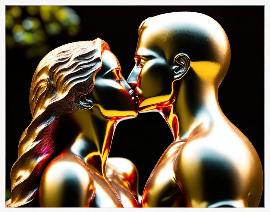 Glossy metallic figures kissing in golden and red hues on dark background