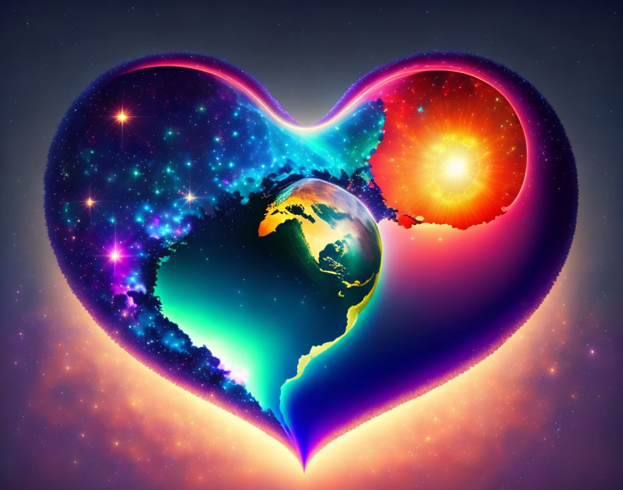 Colorful Heart-Shaped Space Art with Earth-Like Planet