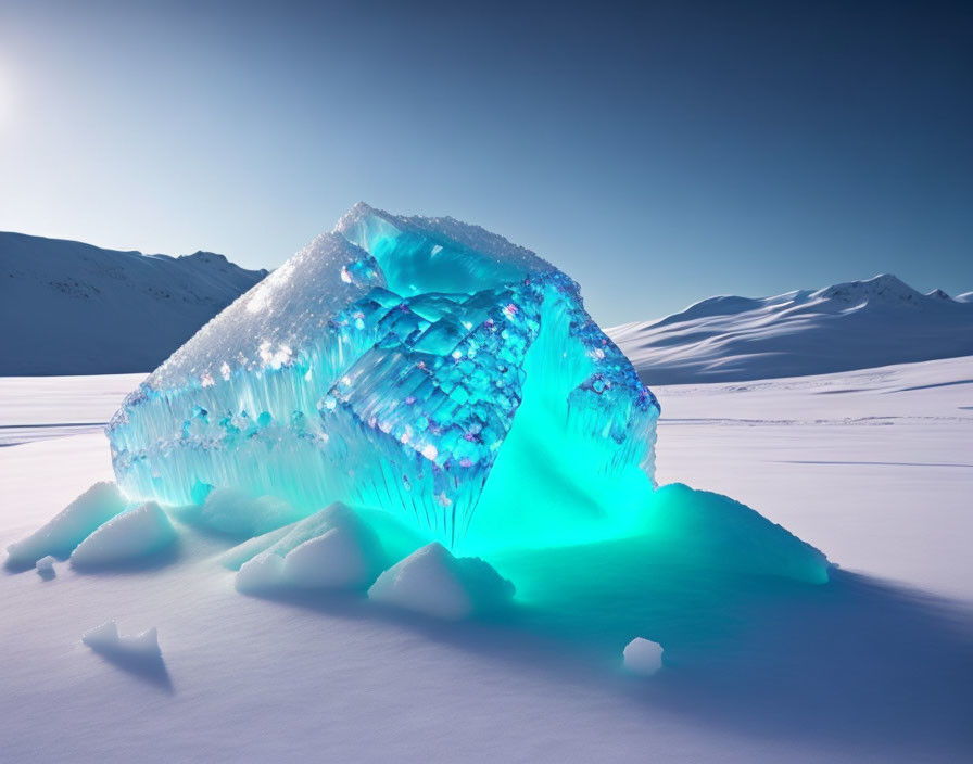 Translucent blue ice block on snow-covered landscape