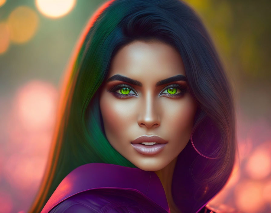 Digital Artwork: Woman with Green Eyes and Ombre Hair in Purple Top