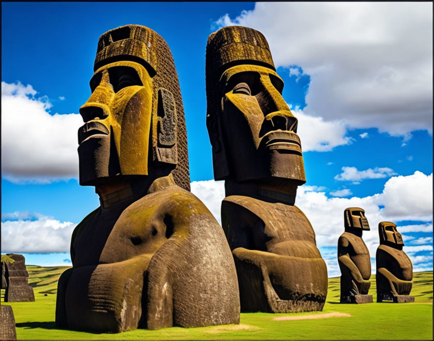 Intricately carved large moai statues under blue sky