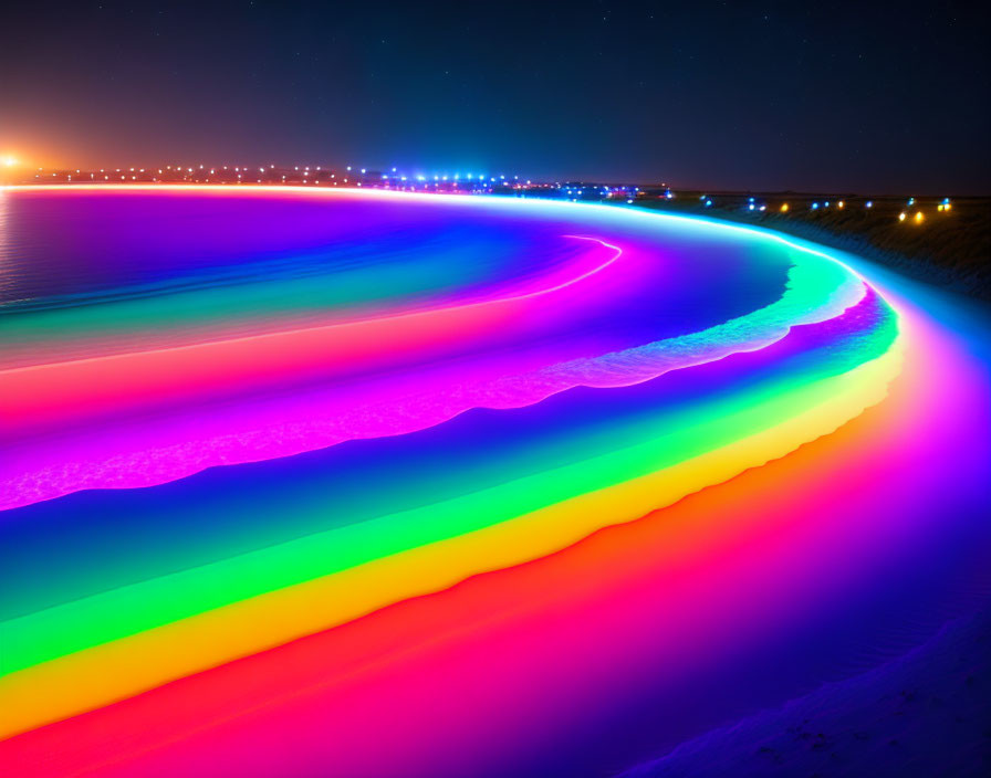 Vibrant neon-lit beach: Waves in rainbow spectrum at night