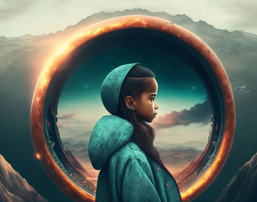 Girl in blue coat gazes at surreal glowing ring and mountains