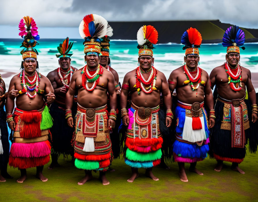 Indigenous Men in Colorful Attire on Beach with Cloudy Sky