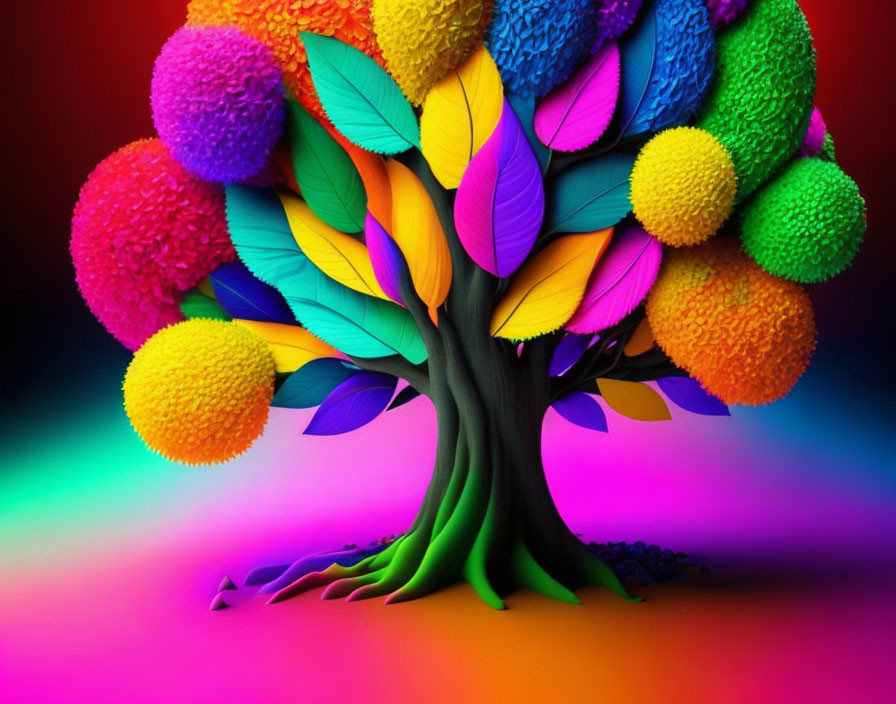 Colorful Tree with Pom-Pom-Like Foliage on Neon Background