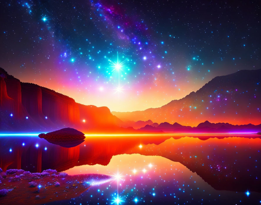 Surreal landscape with reflective lake and neon skies