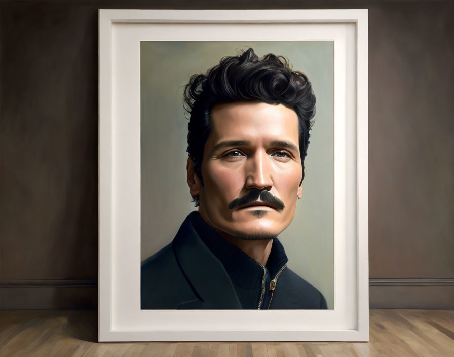 Realistic portrait of a man with mustache and turtleneck on plain wall