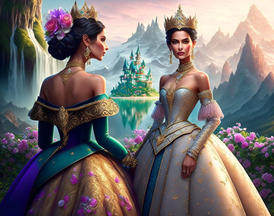 Two elegant women in regal gowns in front of a magical landscape with a castle and mountains