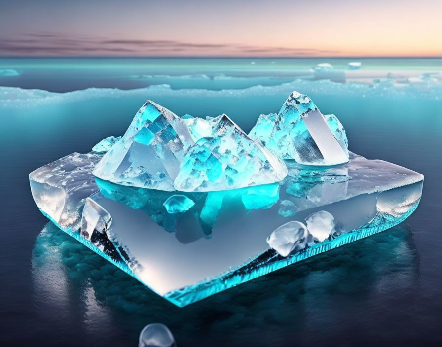 Translucent iceberg on calm water under twilight sky