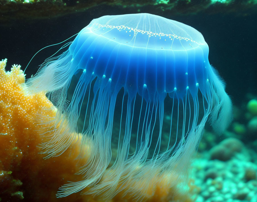 Blue jellyfish near coral reef in clear underwater scene