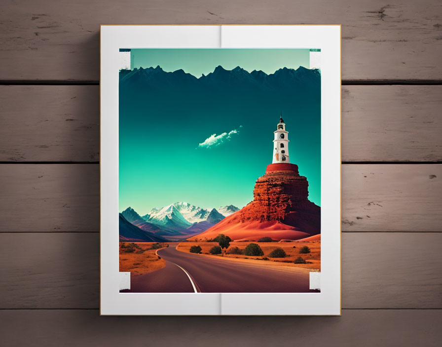 Surreal landscape poster with desert road, red sands, church, mountains, and teal sky.