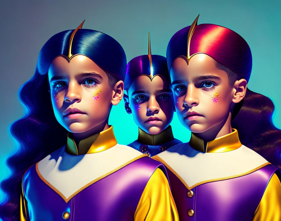 Three children in stylized superhero costumes with vibrant makeup and dramatic lighting on a blue background.