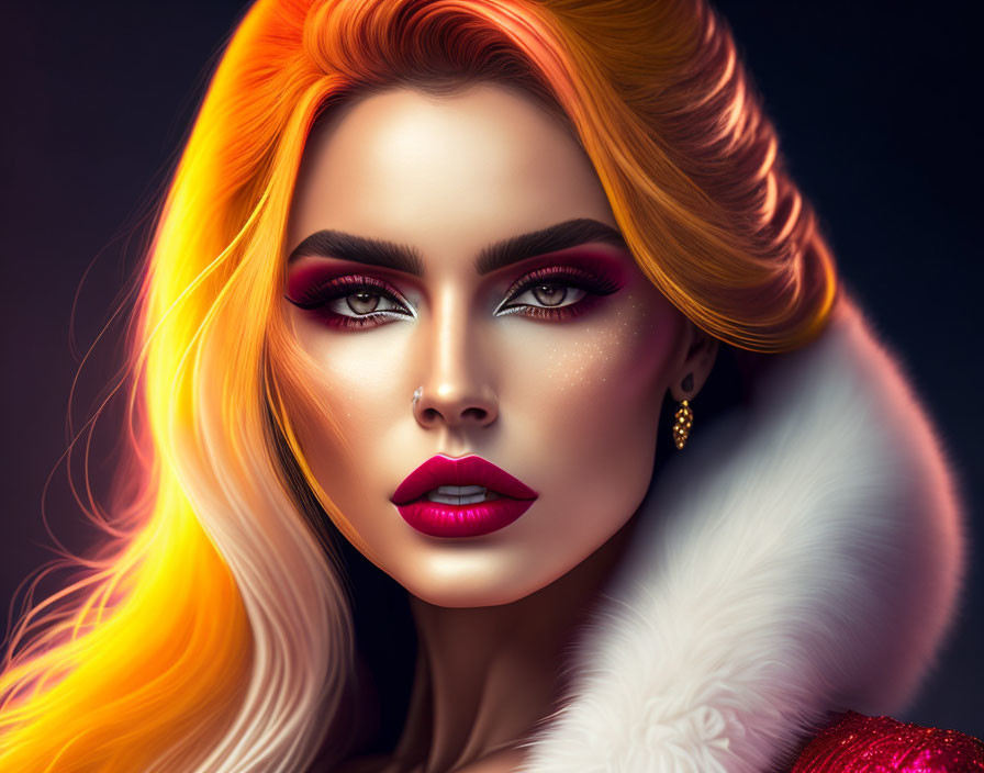 Woman with Ombre Hair, Dramatic Makeup, Red Lipstick, White Fur, and Spark